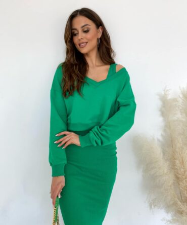 Komplet sukienka prążek i krótka bluza PARIS zielony