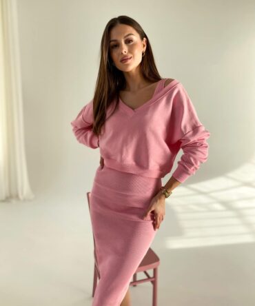 Komplet sukienka prążek i krótka bluza PARIS dusty pink